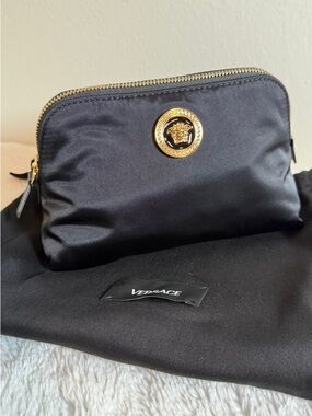 Versace Black Nylon Cosmetic Pouch with Gold Zipper